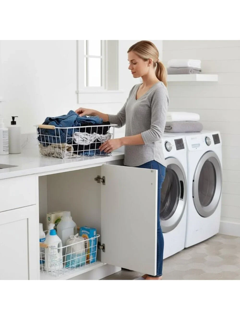 New Set of 2 White Wire Storage Baskets with Wooden Handles Pantry Organizer